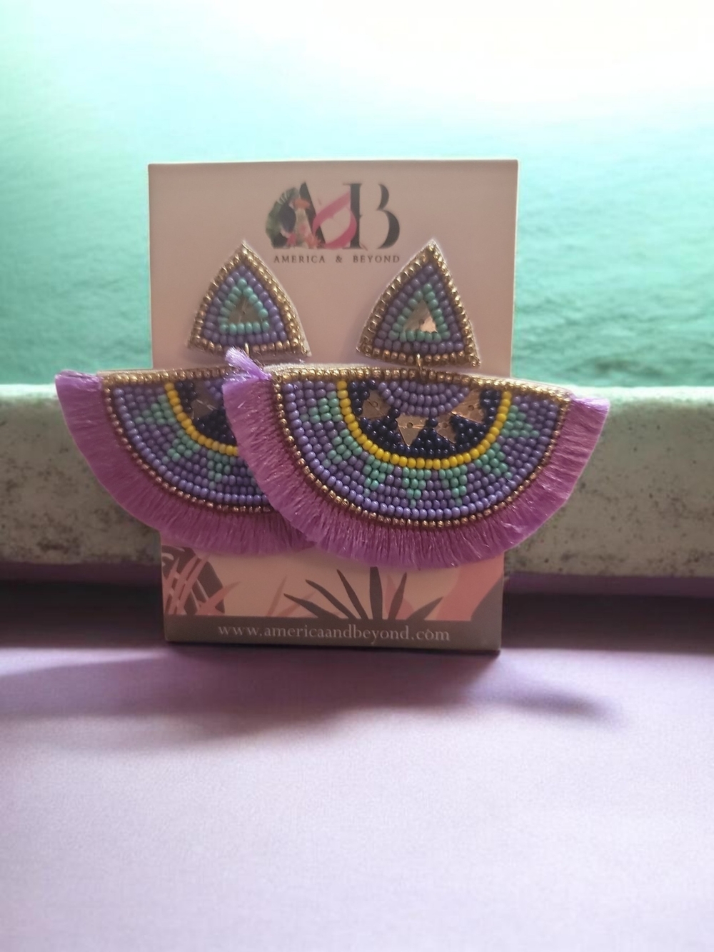 Lavender Beaded Fringe Fan Earrings